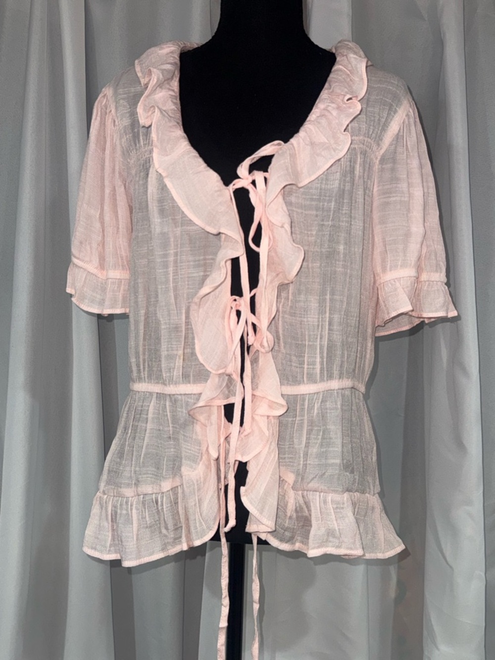 Light Pink Ruffle Tie-Front Blouse with Short Sleeves